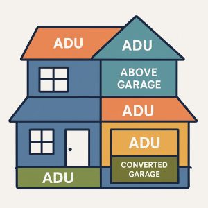 A house with divided sections displaying potential placements for an accessory dwelling unit including the attic, basement, or garage.