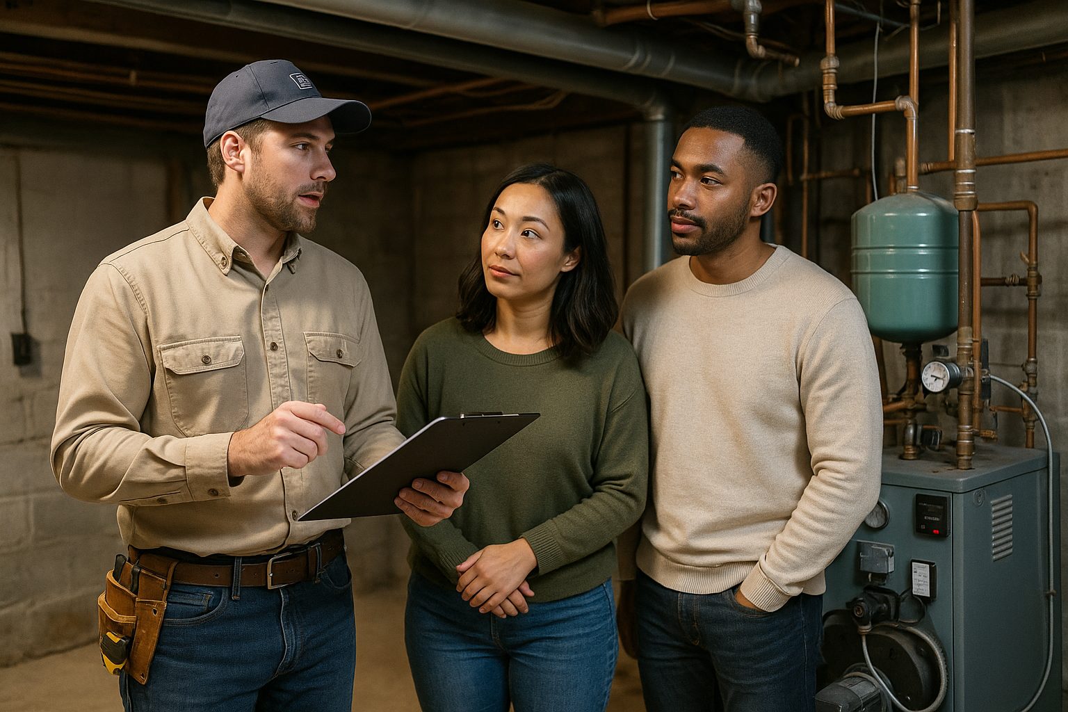 A home inspector speaks with his clients in the basement of a home and are standing in front of a forced hot water boiler