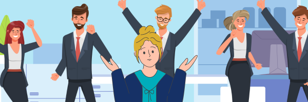 A home buyer or seller shrugging their shoulders in confusion in front of a bunch of enthusiastic real estate professionals