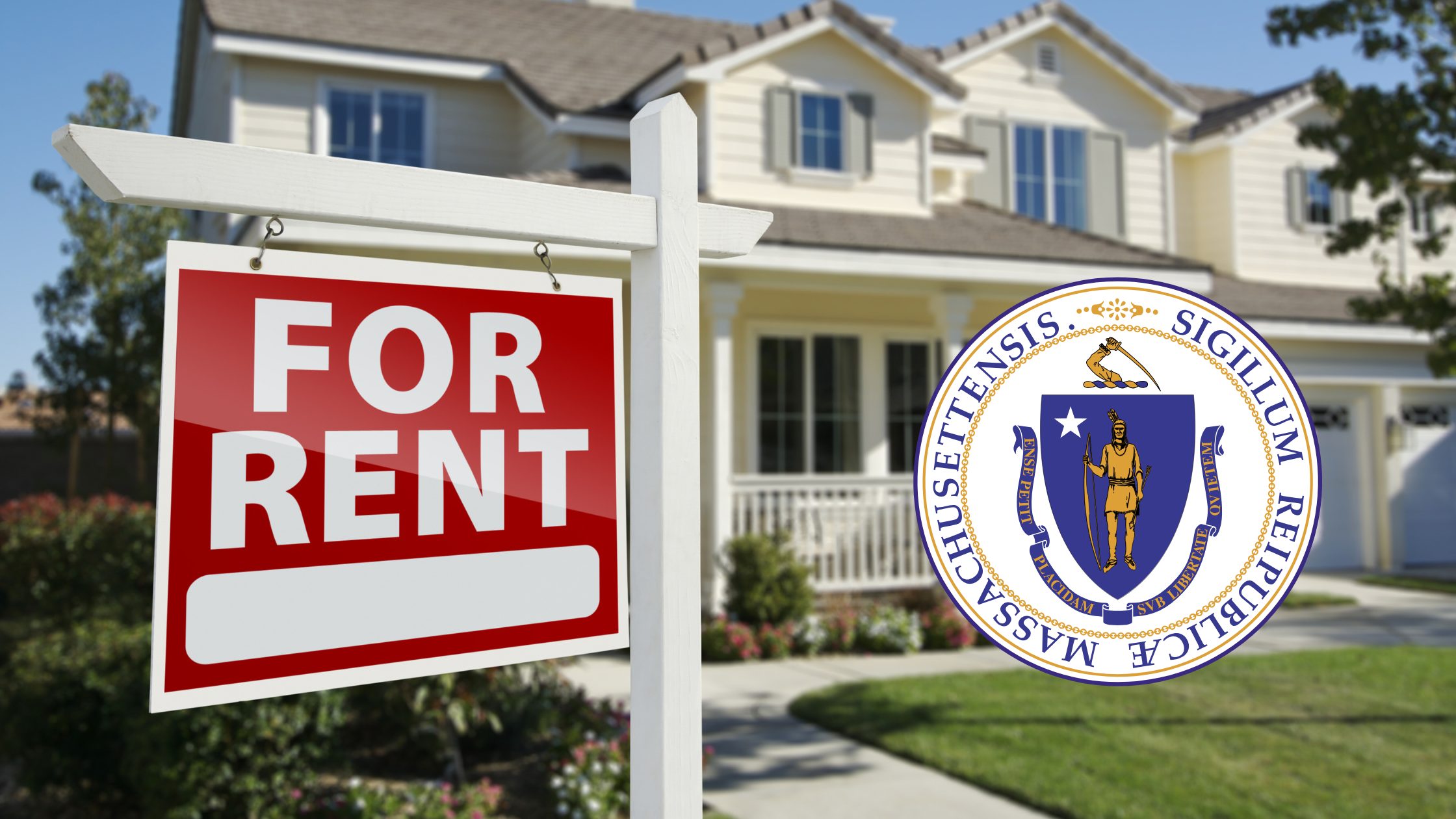 An image of a property for rent with the Massachusetts State seal overlayed on the image