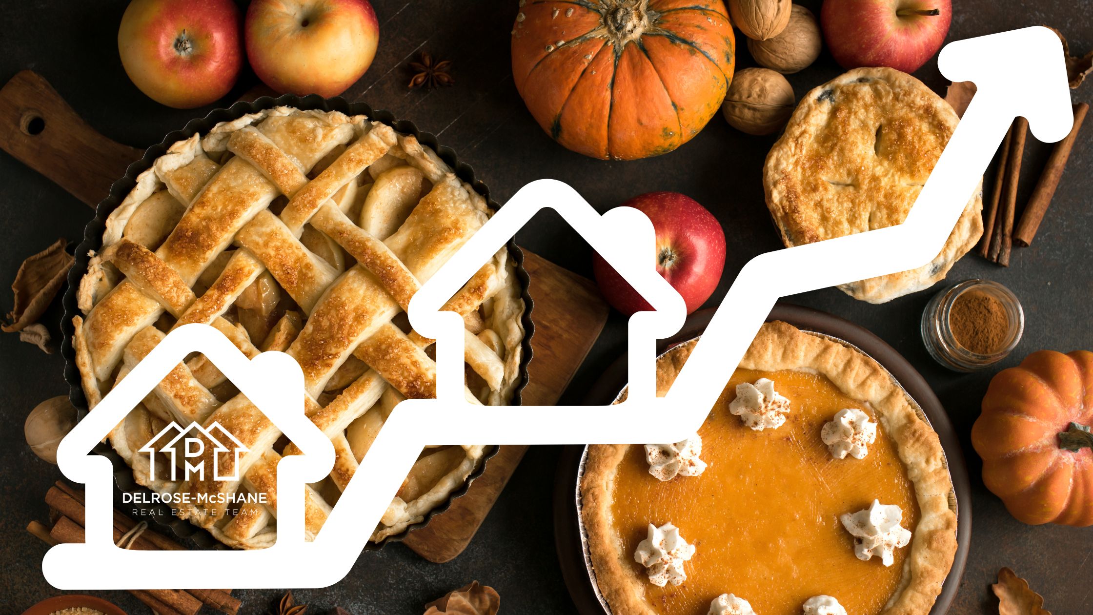 An overlay image of a graph with the outline of houses with a background of Thanksgiving pies, gords, and apples, featuring the DelRose McShane Logo