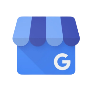 the google business page icon featuring a blue building with a light blue and dark blue awning and the google logo in white negative space.