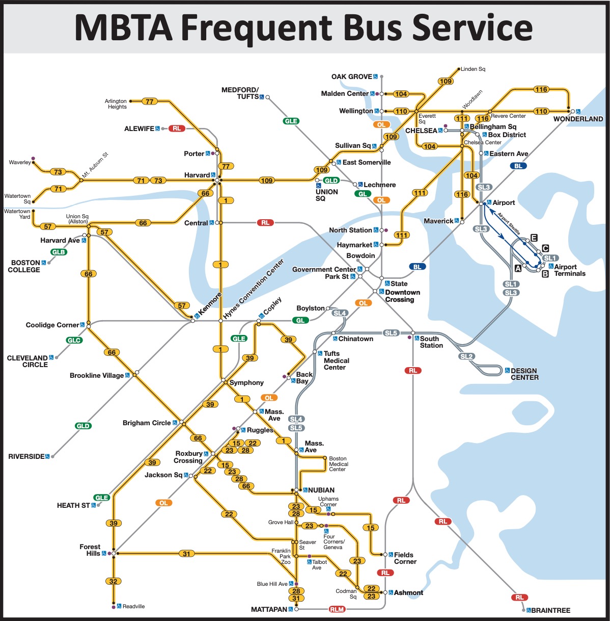 A map of MBTA bus lines used frequently