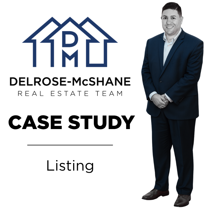 A logo for Case Study situations featuring a cutout of Mike DelRose Jr. to the right of the DelRose McShane Logo and bold and subtext with the words Case Study and Listing