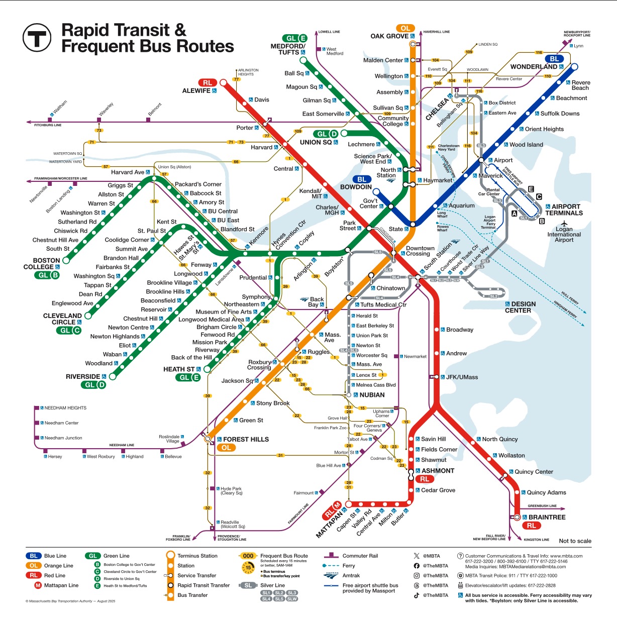 A map of the subways lines of the MBTA in Boston