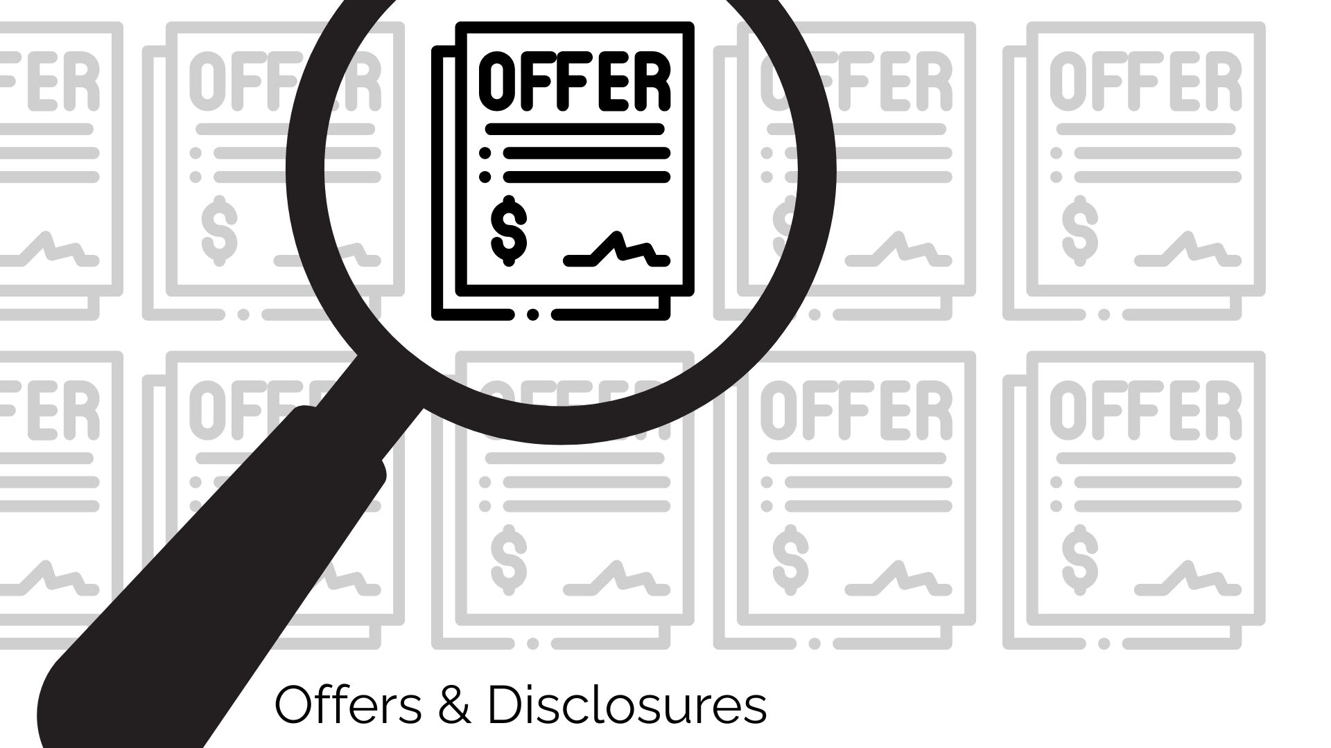 A blog header image featuring a pattern of graphics depicting a real estate offer, with a magnifying glass highlighting one in the first of two rows. The image is flanked by the title' "offers and disclosures" in the bottom of the image next to the magnifying glass handle.