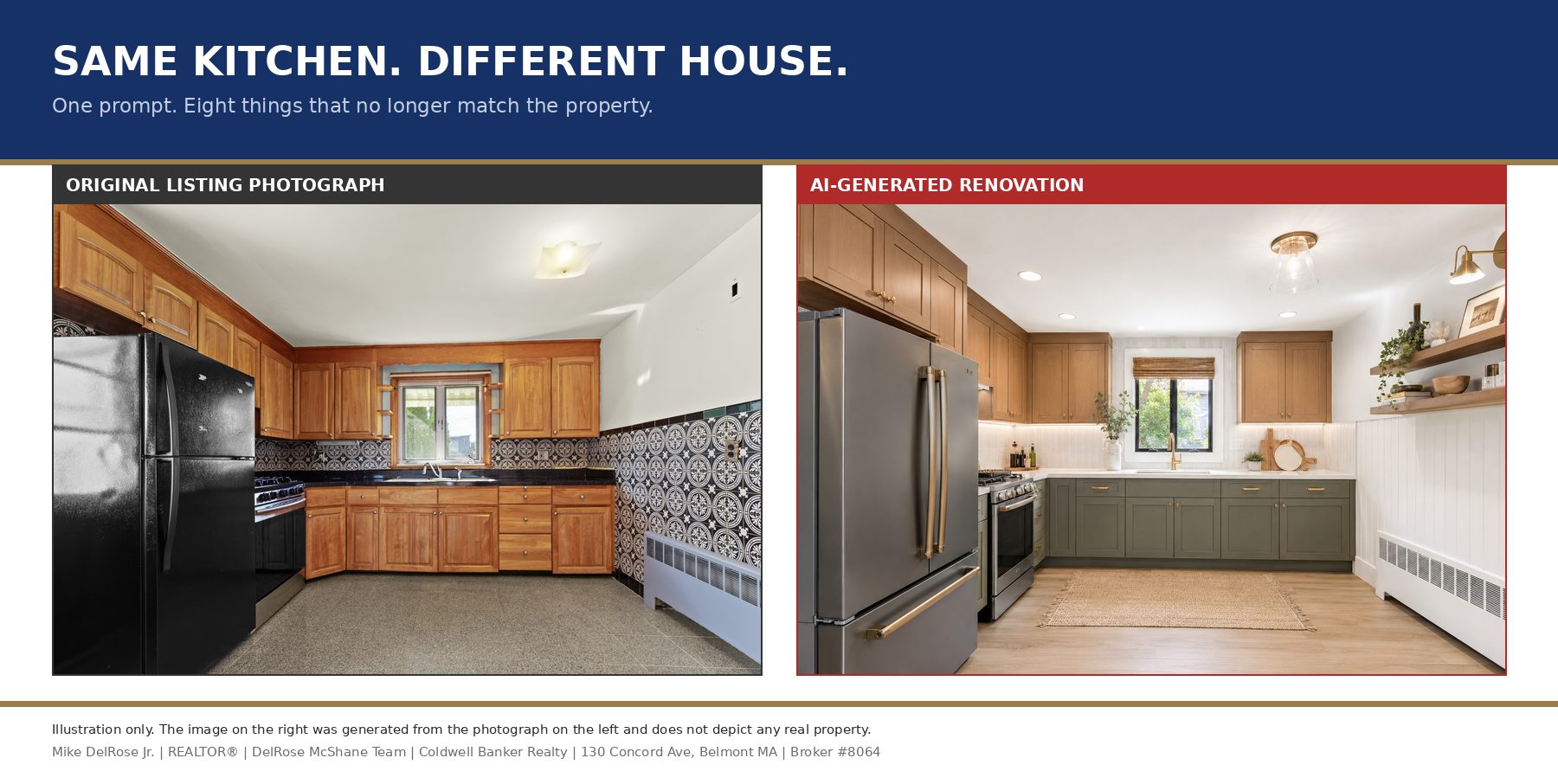 A picture of a kitchen to the left of a photo of a renovated kitchen generated by artificial intelligence.
