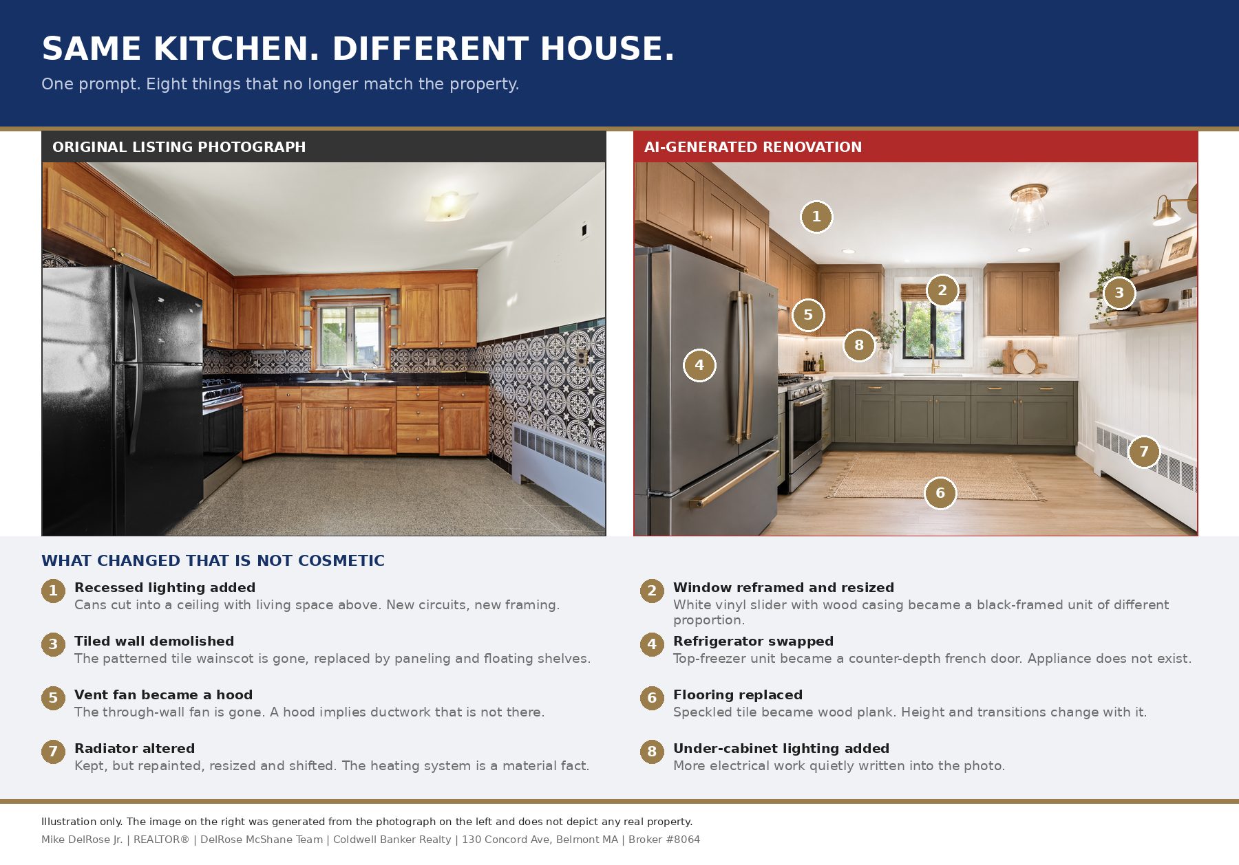 A diagram of a kitchen as is to the left of an artificial intelligence generated renovation of the same kitchen. Below the two images are labeled and correspond to numbers on the generated image depicting what changed about the physical make up shown in the generated image.