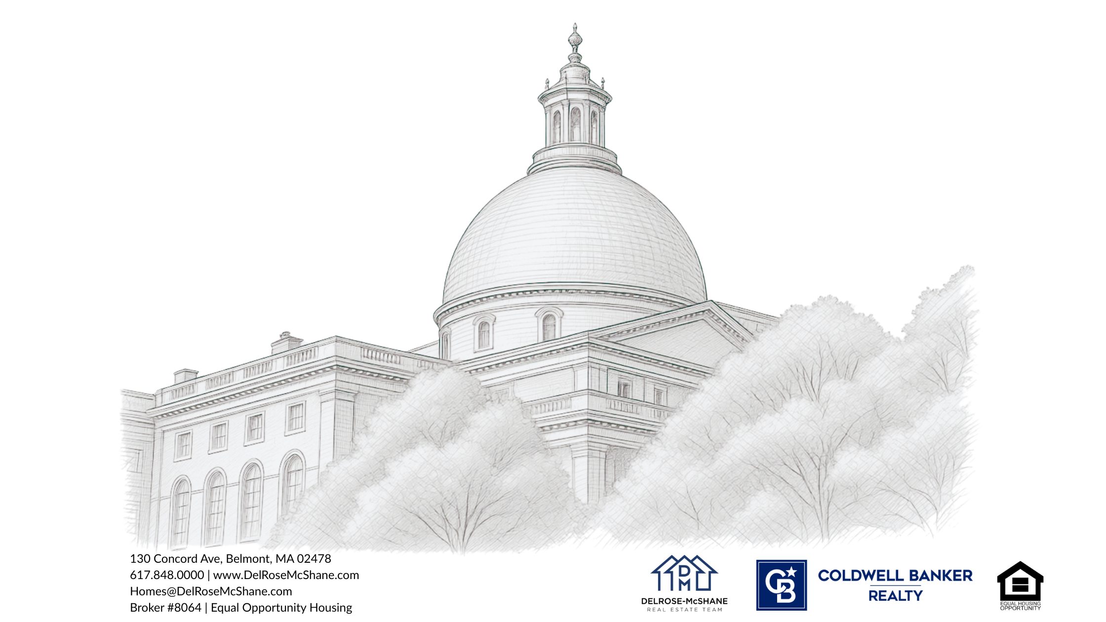 A black and white picture of the Massachusetts state house with a sketch filter applied on a white background with brokerage information and logos below