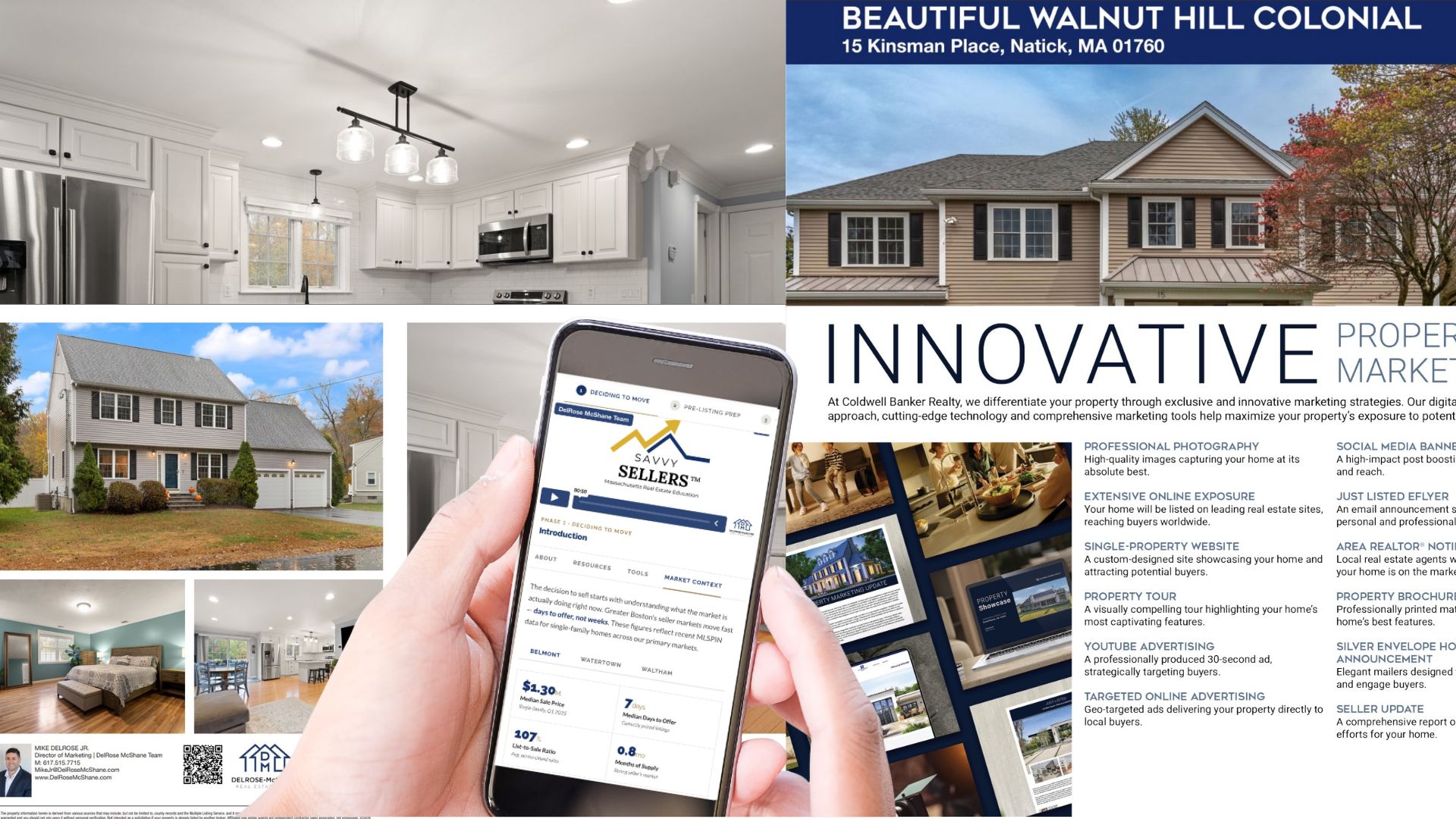 A collage of real estate centric images, starting clockwise from the top-left a listing photo, in the top-right an image of a post card mailer, in the bottom-right an image of marketing features, bottom-left an image of a a listing brochure, and overlayed in the center is hands holding a cell phone with the Savvy-Sellers education platform on the screen