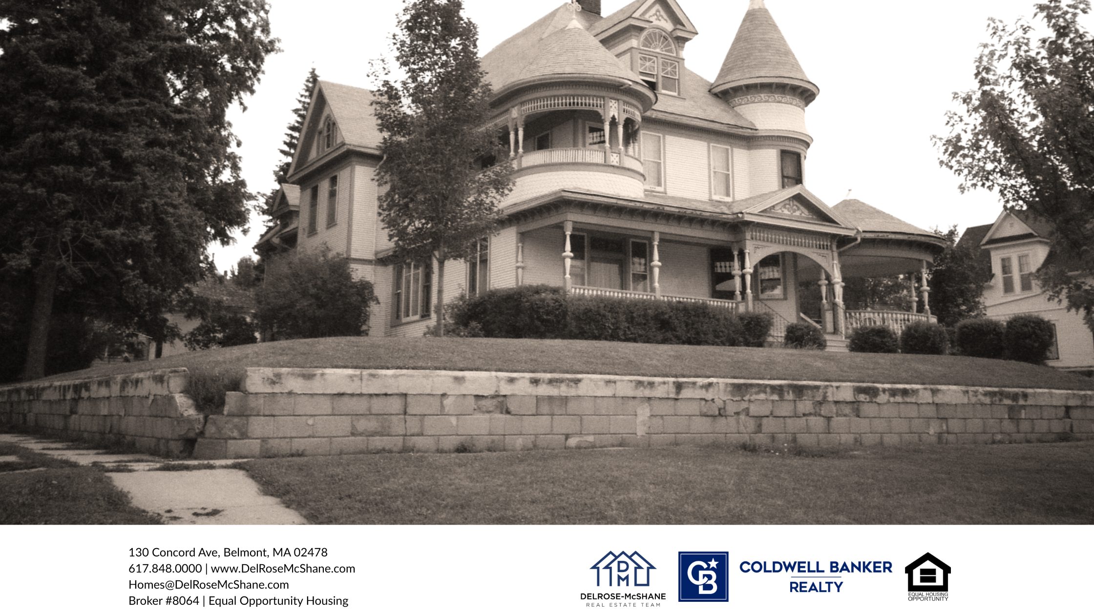A header image featuring a Queen Anne Victorian with a black and white filter and a negative space background.