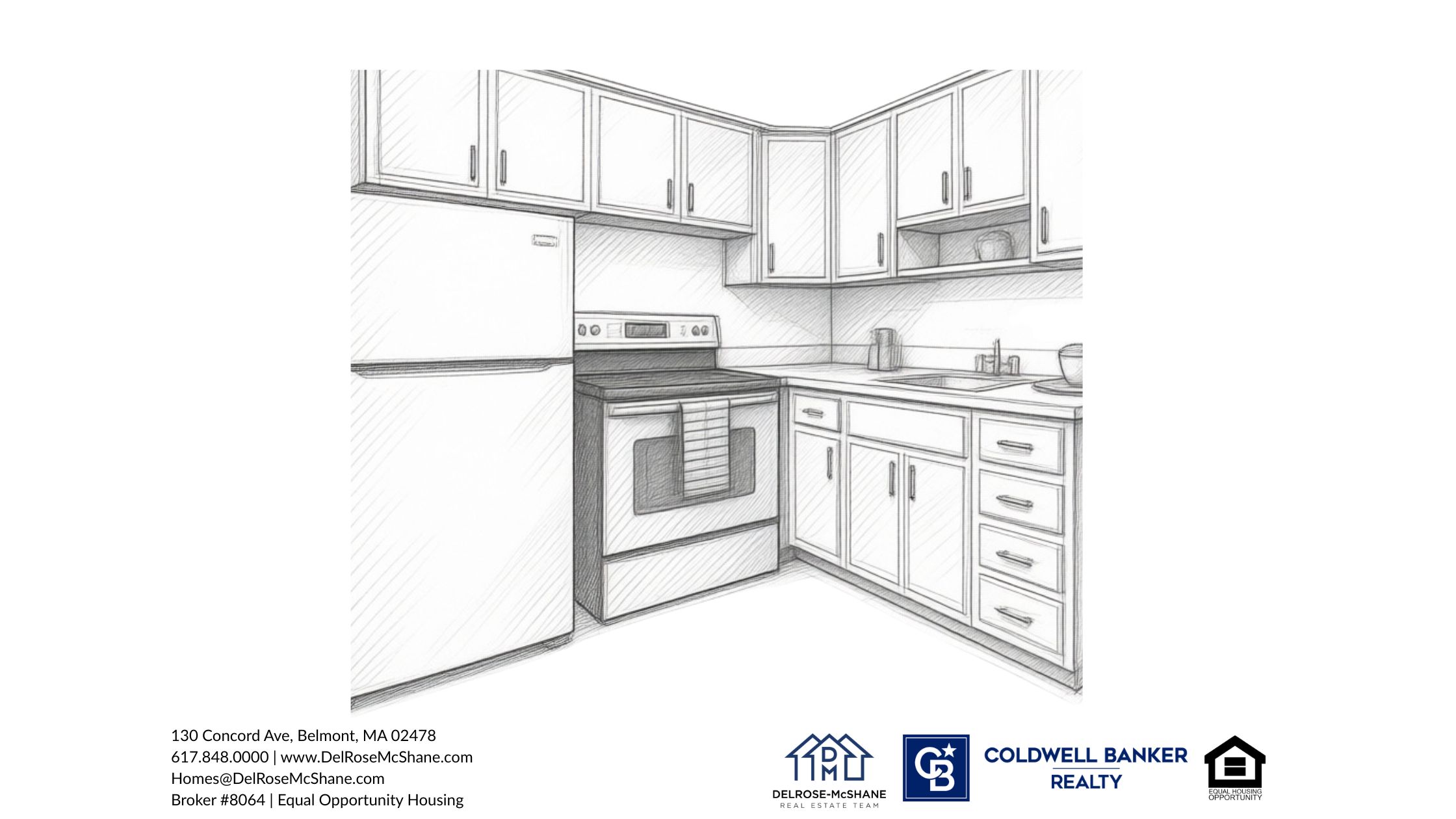 A picture of a renovated kitchen with a sketch filter sitting on top of brokerage information and legal.